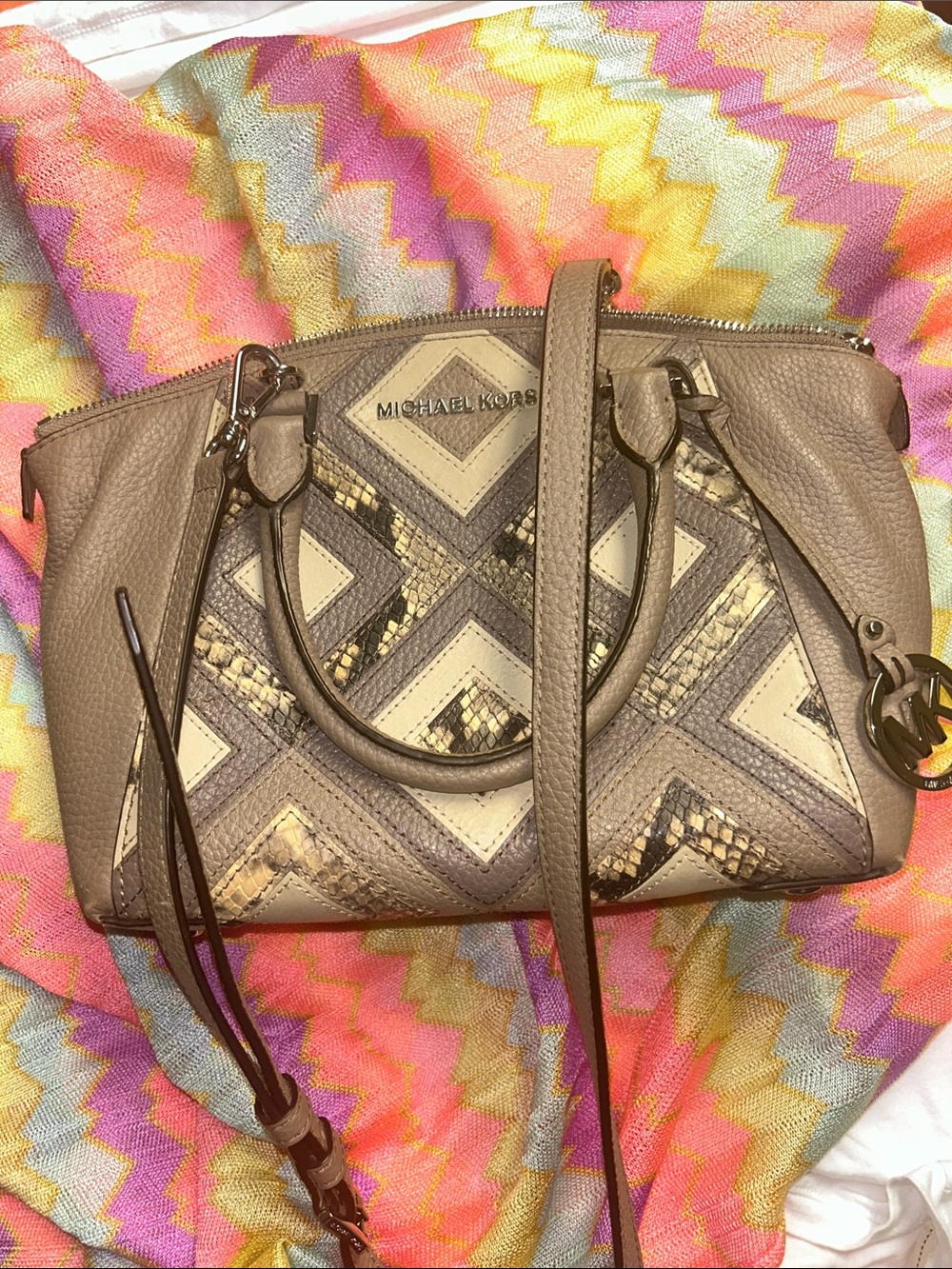 Michael Kors Brown & Beige Geometric Leather Satchel with MK Charm; 20-26” strap - Picture 10 of 15